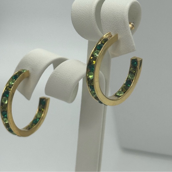 Shades of Green Crystals In/Out Gold Hoop Earrings Made w/ Swarovski Crystals - Picture 1 of 10